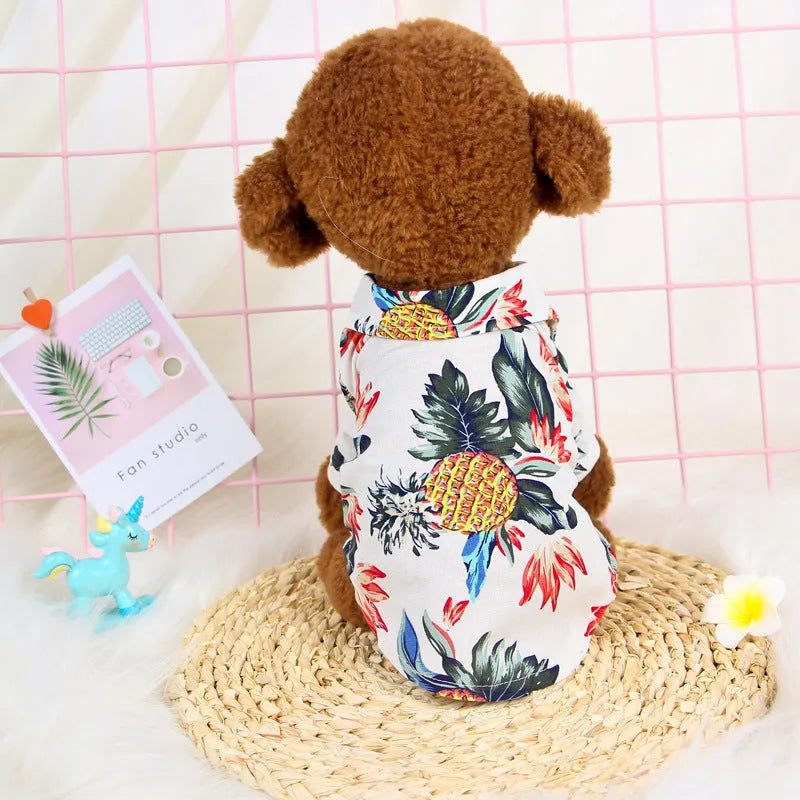 Hawaiian Teddy small dog shirt in cloth fabric with short sleeves and button closure, blue colour