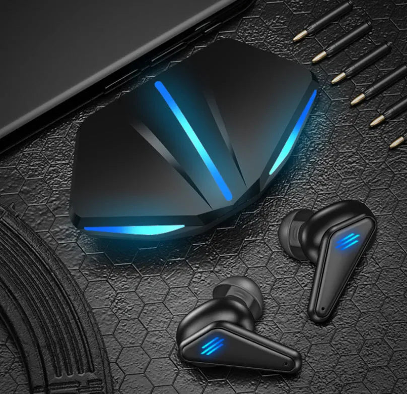 Blue Private Model K55 wireless Bluetooth gaming earbuds with TWS stereo design.