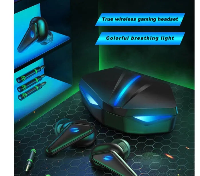 Blue Private Model K55 wireless Bluetooth gaming earbuds with TWS stereo design.