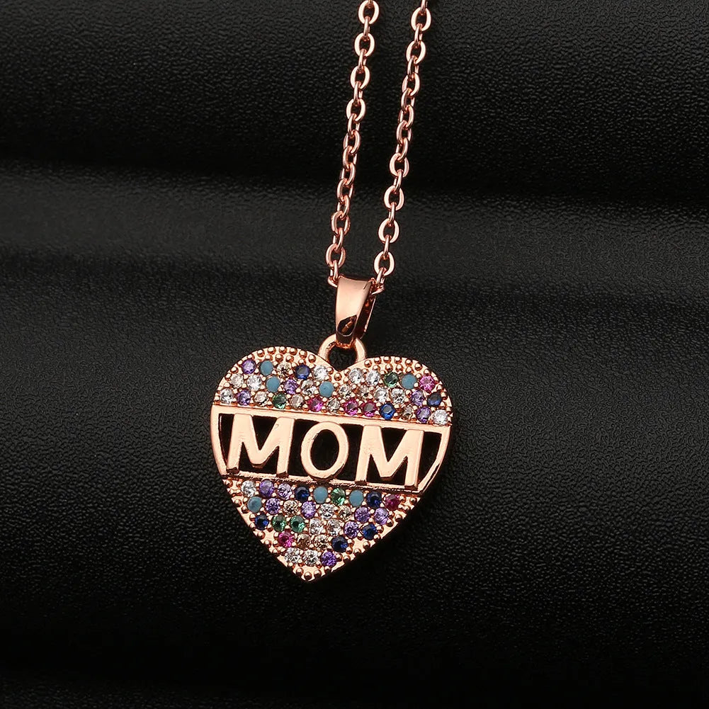 Colourful cubic zirconia heart pendant necklace on copper chain in gold silver rose gold 23x18mm