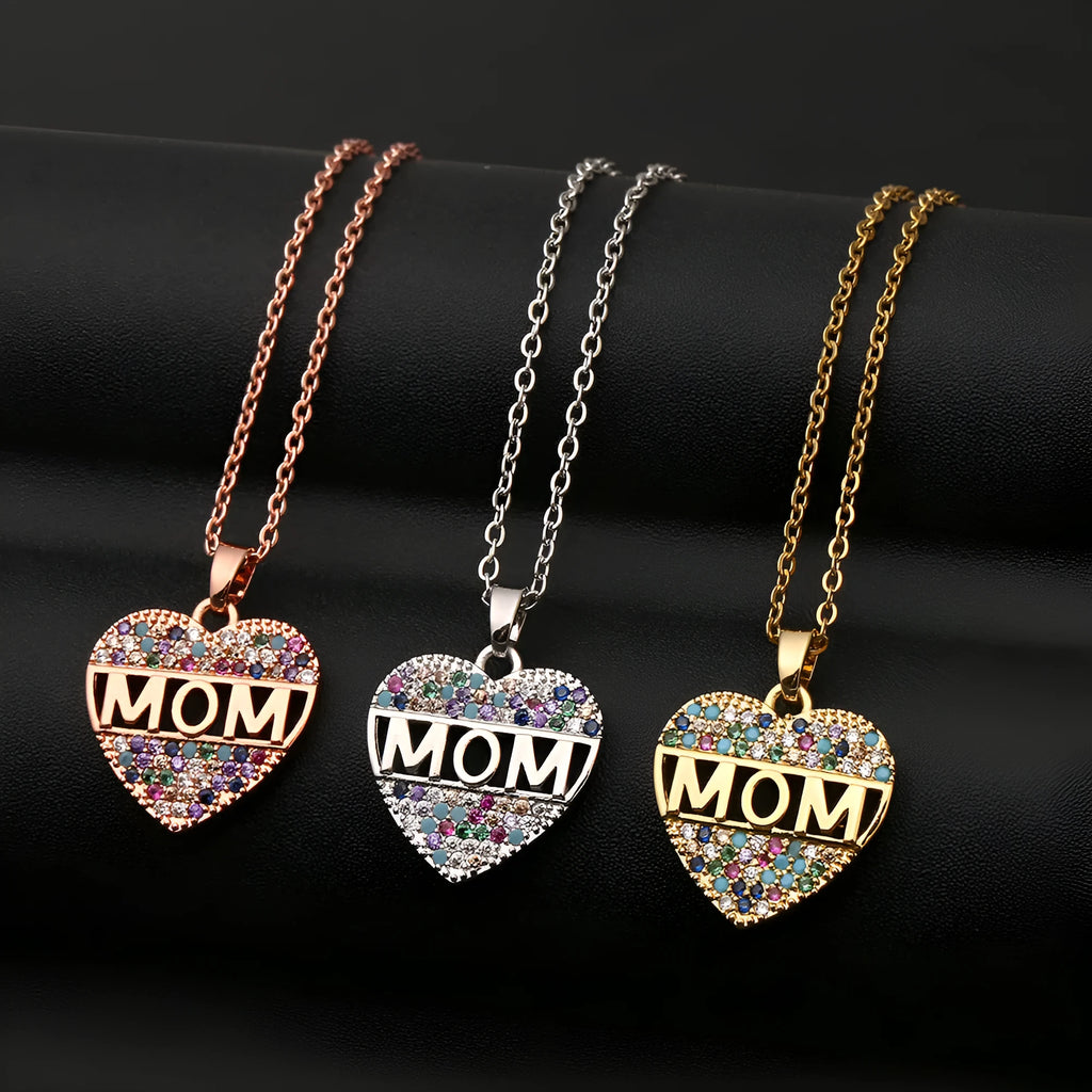 Colourful cubic zirconia heart pendant necklace on copper chain in gold silver rose gold 23x18mm