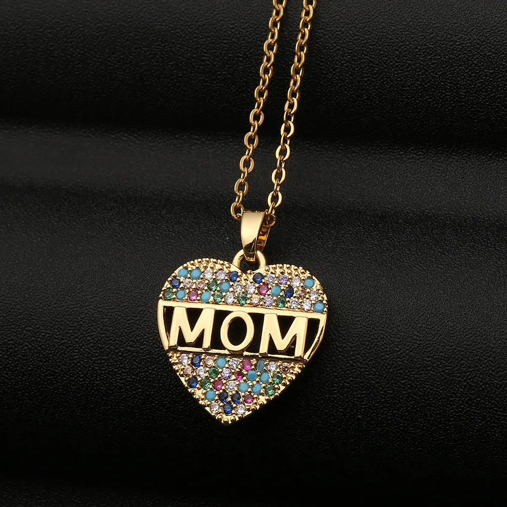 Colourful cubic zirconia heart pendant necklace on copper chain in gold silver rose gold 23x18mm