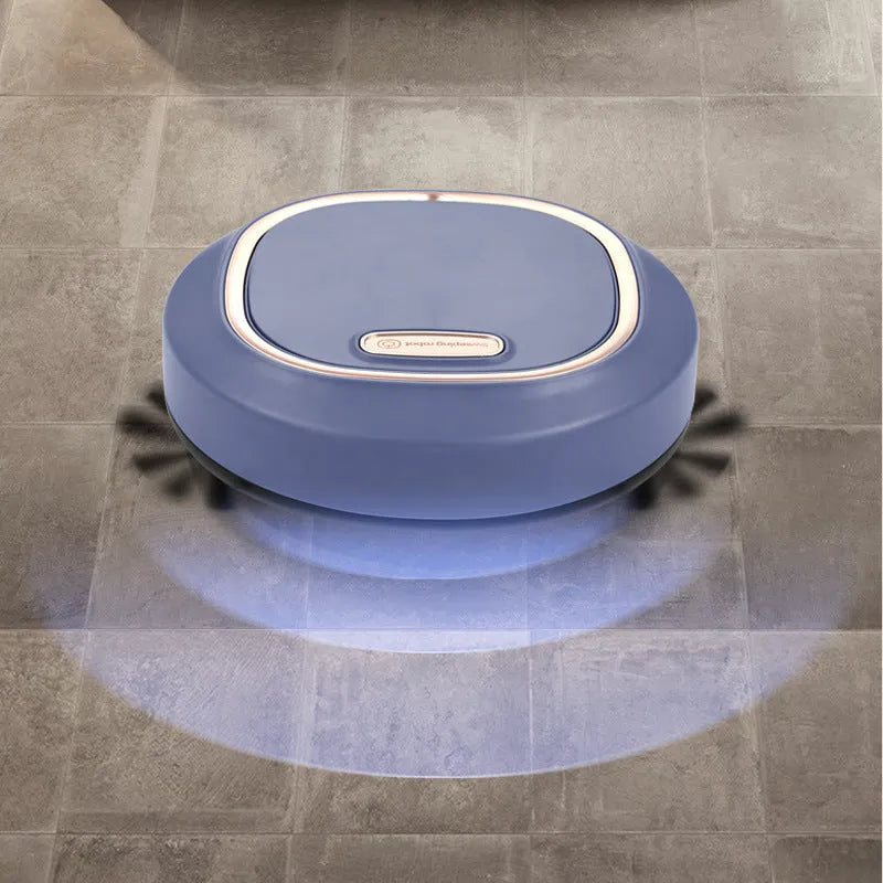 Blue and black intelligent sweeping robot vacuum cleaner on a hard floor with remote control