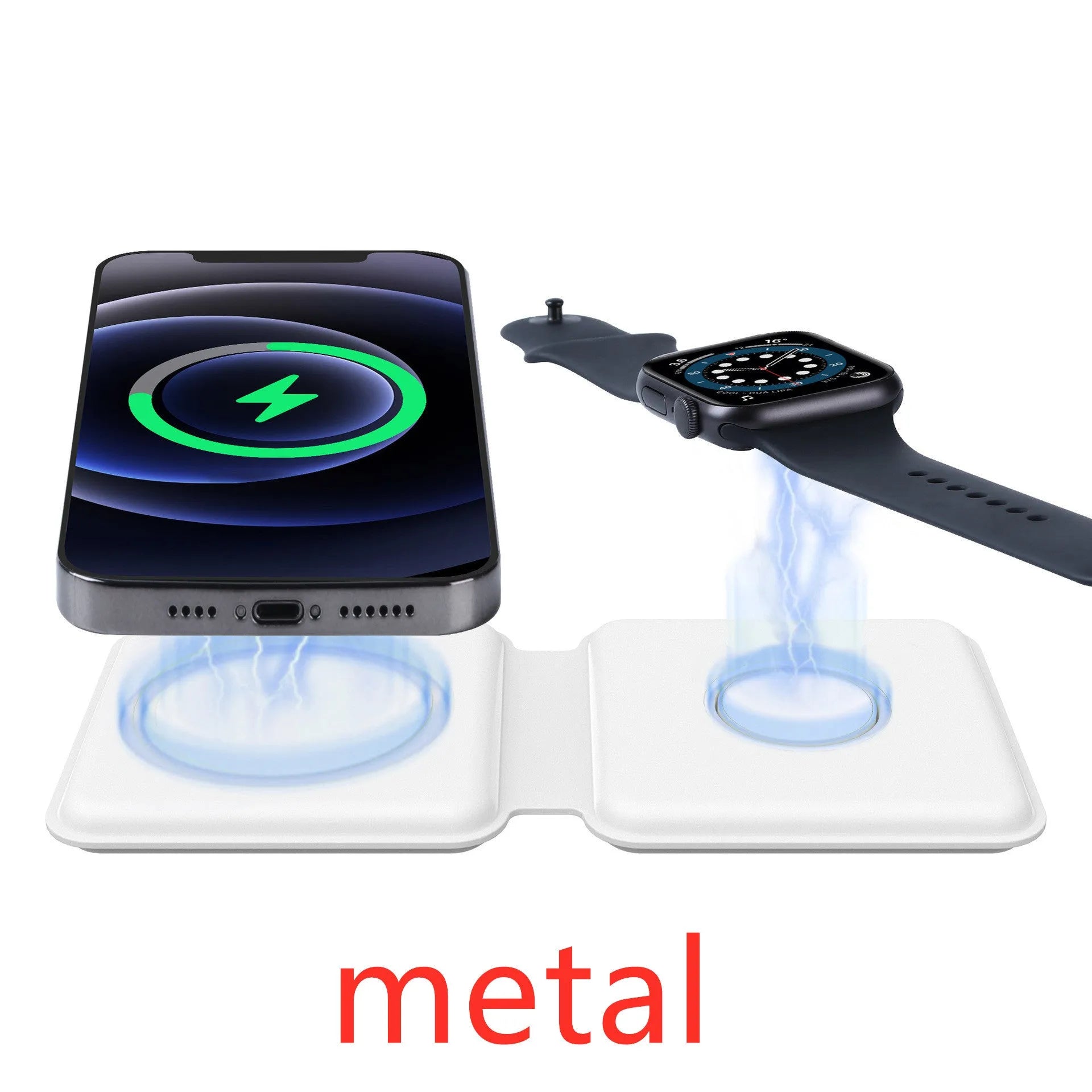 White foldable dual-pad magnetic wireless charging dock shown at an angle on a table.
