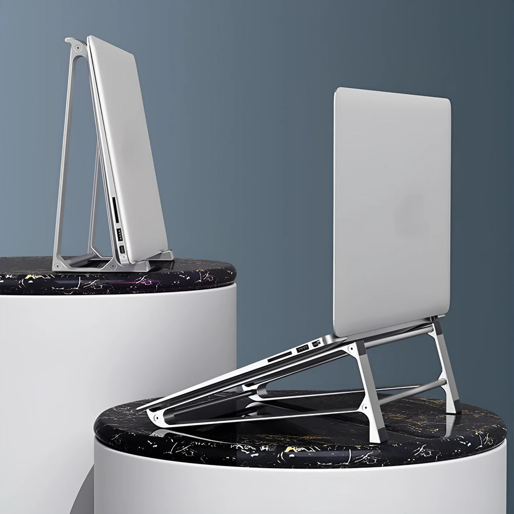 Aluminium alloy notebook computer stand with tablet holder in dark gray, compact desktop riser for laptop