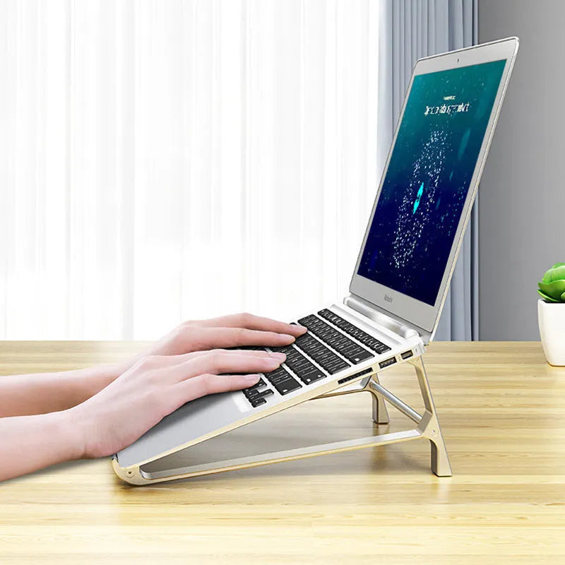 Aluminium alloy notebook computer stand with tablet holder in dark gray, compact desktop riser for laptop