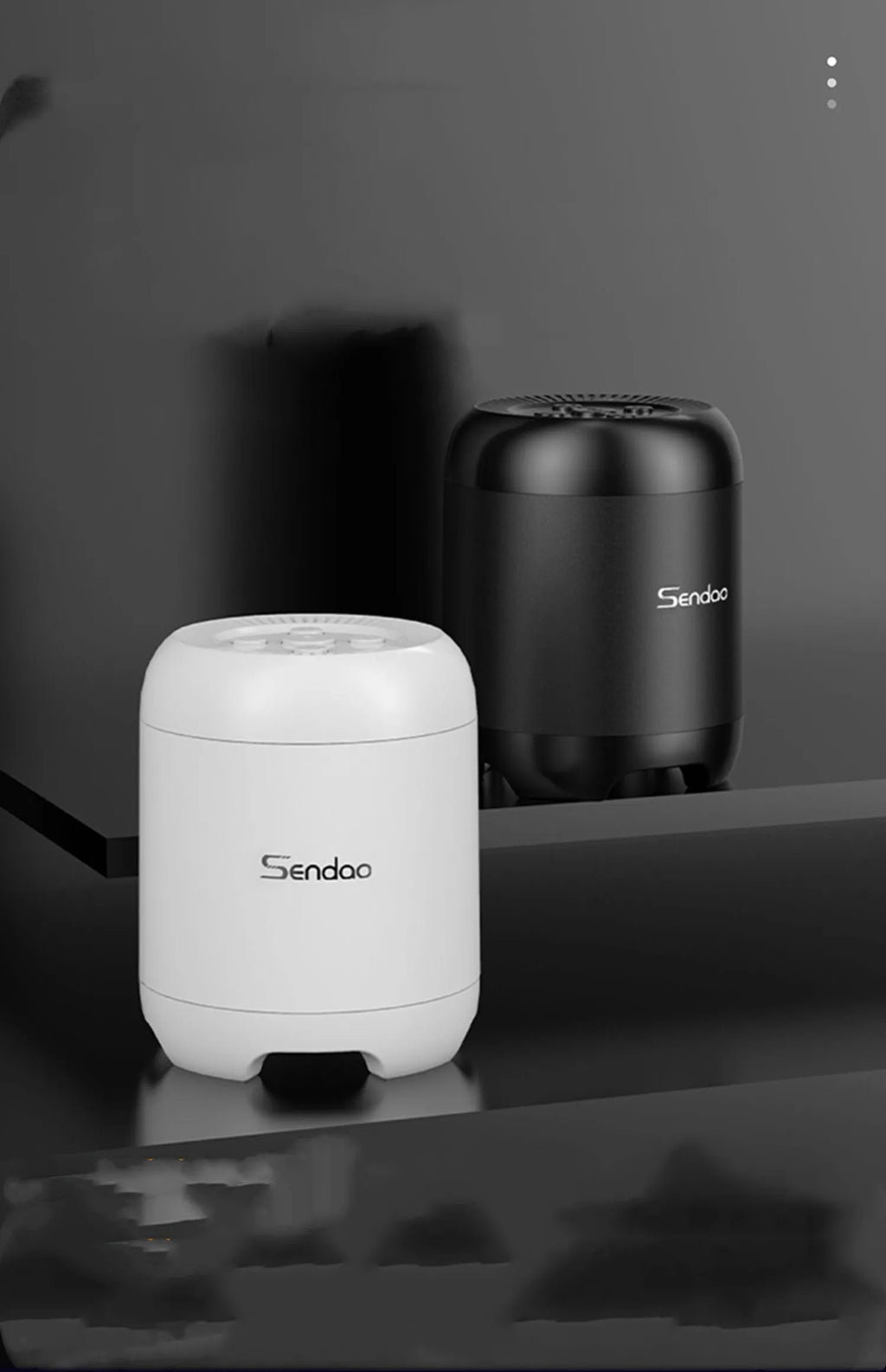 Compact black and white portable Bluetooth speaker with card reader slot showing 90x73x73mm dimensions