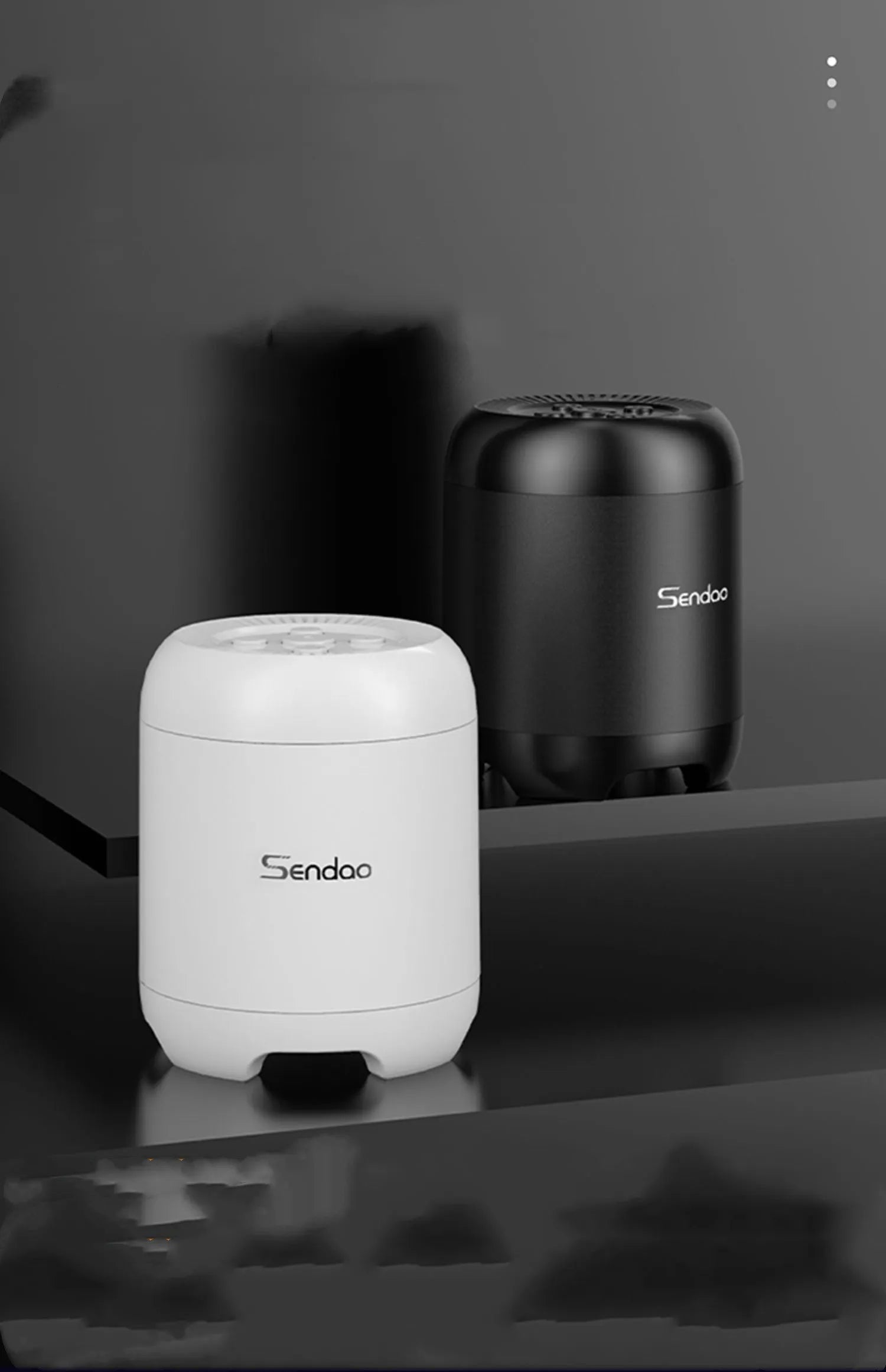 Compact black and white portable Bluetooth speaker with card reader slot showing 90x73x73mm dimensions