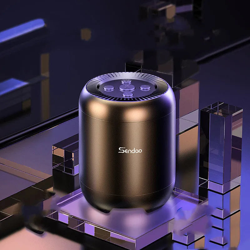 Compact black and white portable Bluetooth speaker with card reader slot showing 90x73x73mm dimensions