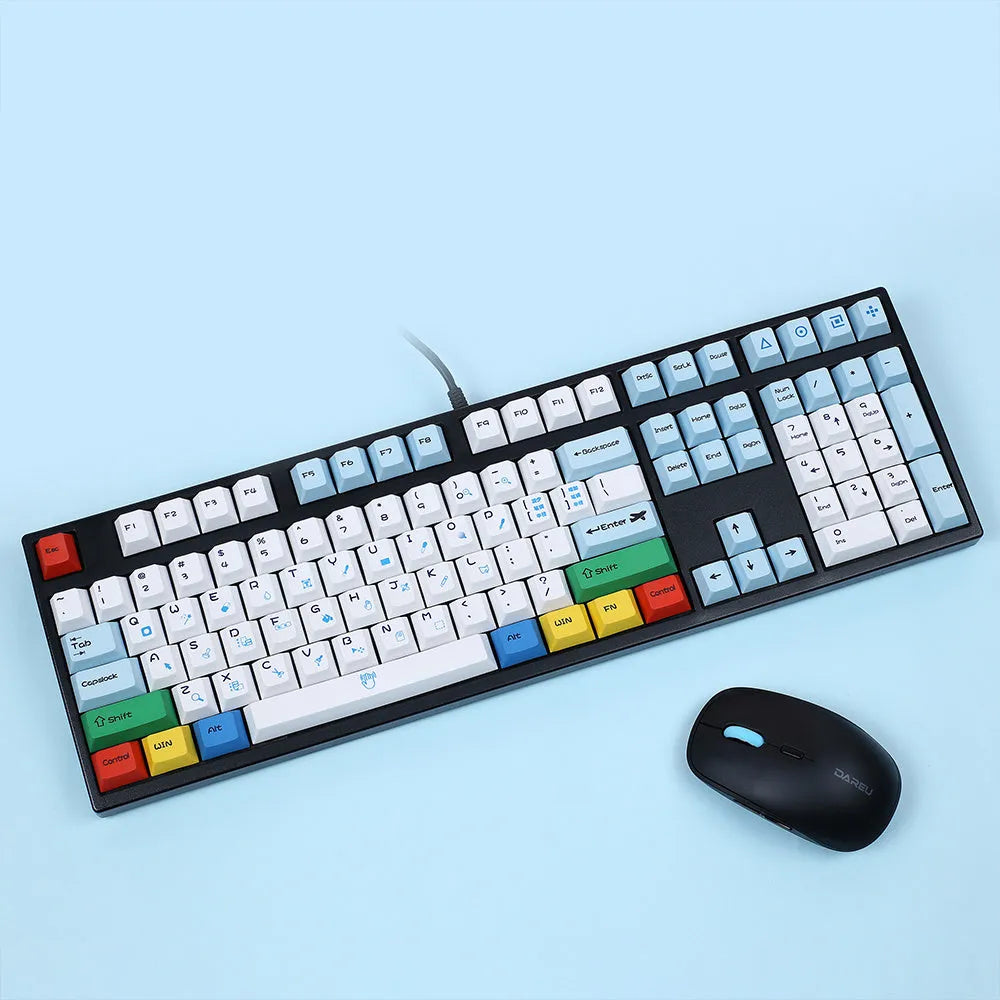 PlayStation-themed mechanical keyboard keycaps in blue and white or gray and white colour schemes