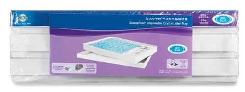 Automatic litter box replacement tray with 3 boxes of crystal litter in plastic packaging