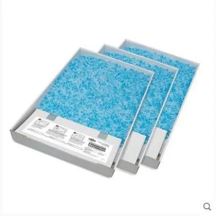 Automatic litter box replacement tray with 3 boxes of crystal litter in plastic packaging