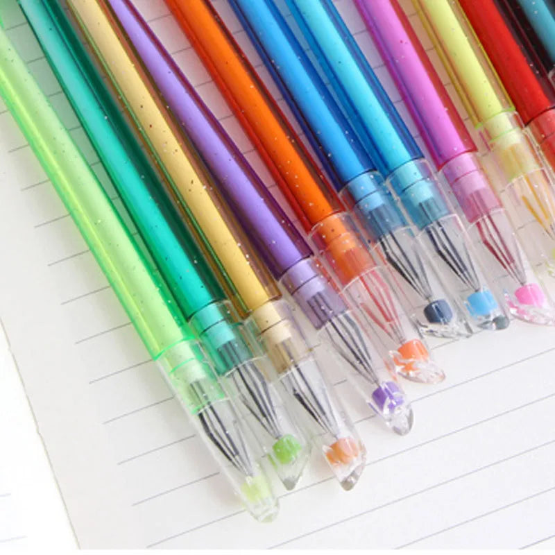 12 colourful gel pens with replaceable refills in peacock feather colours, 19cm length with 0.5mm writing tips