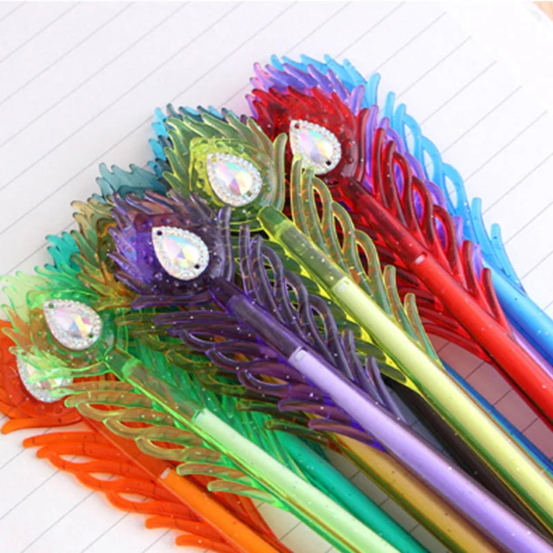 12 colourful gel pens with replaceable refills in peacock feather colours, 19cm length with 0.5mm writing tips