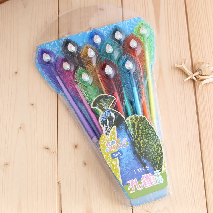 12 colourful gel pens with replaceable refills in peacock feather colours, 19cm length with 0.5mm writing tips