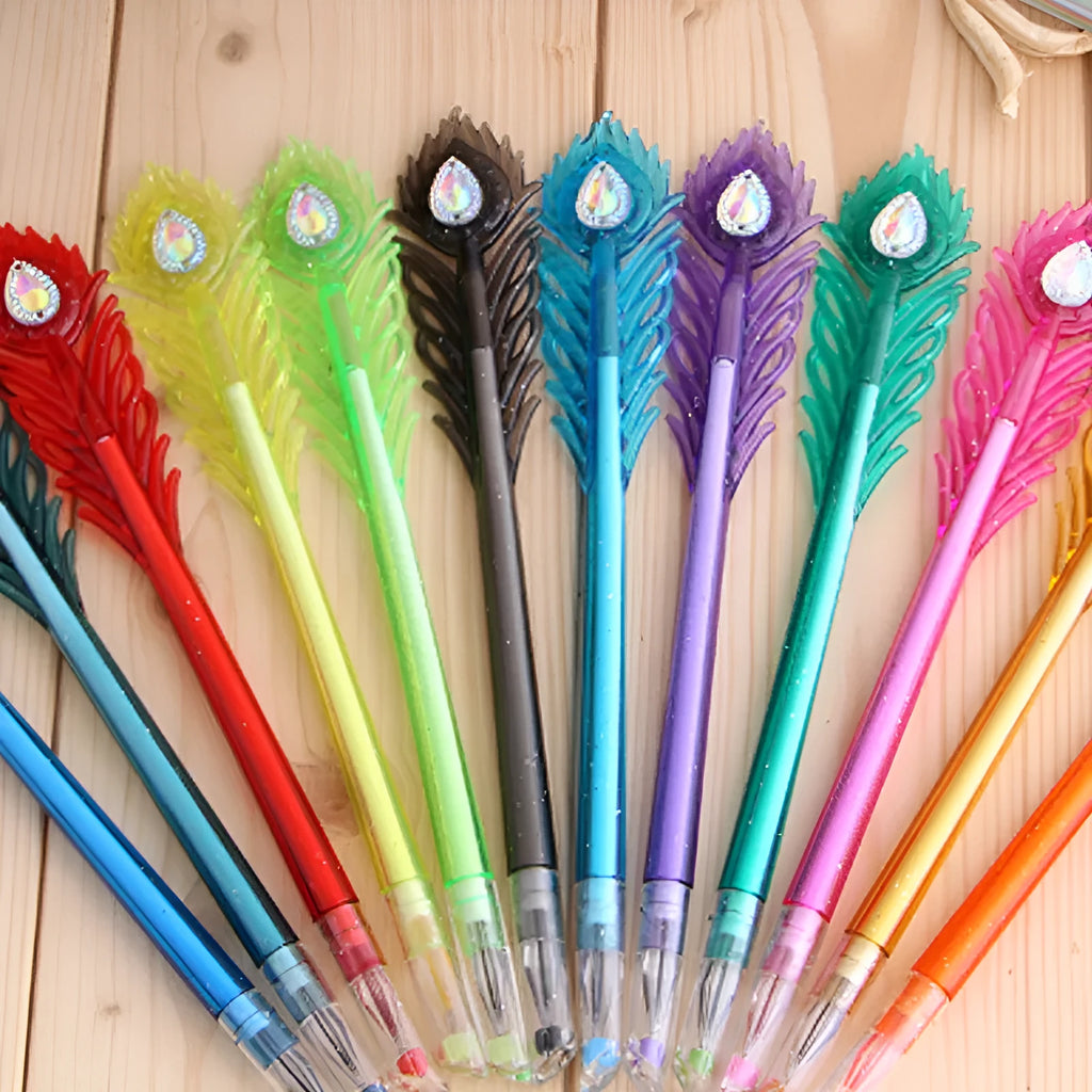 12 colourful gel pens with replaceable refills in peacock feather colours, 19cm length with 0.5mm writing tips