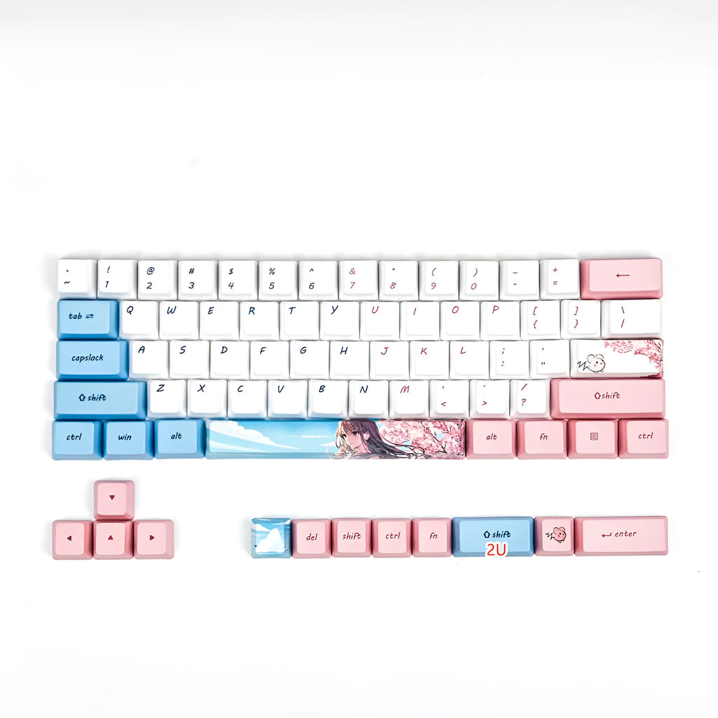 PBT sublimation keycap set with girl cherry blossom anime design for 61-key mechanical keyboards