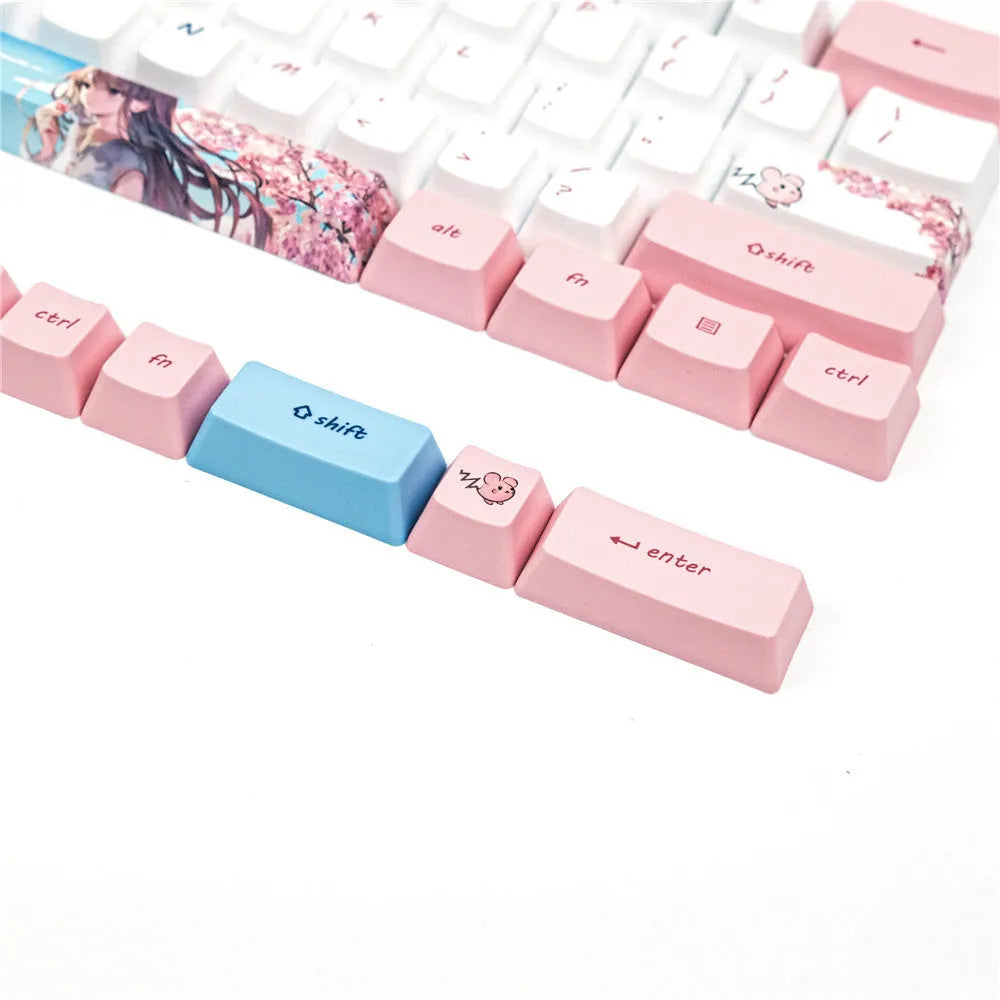 PBT sublimation keycap set with girl cherry blossom anime design for 61-key mechanical keyboards