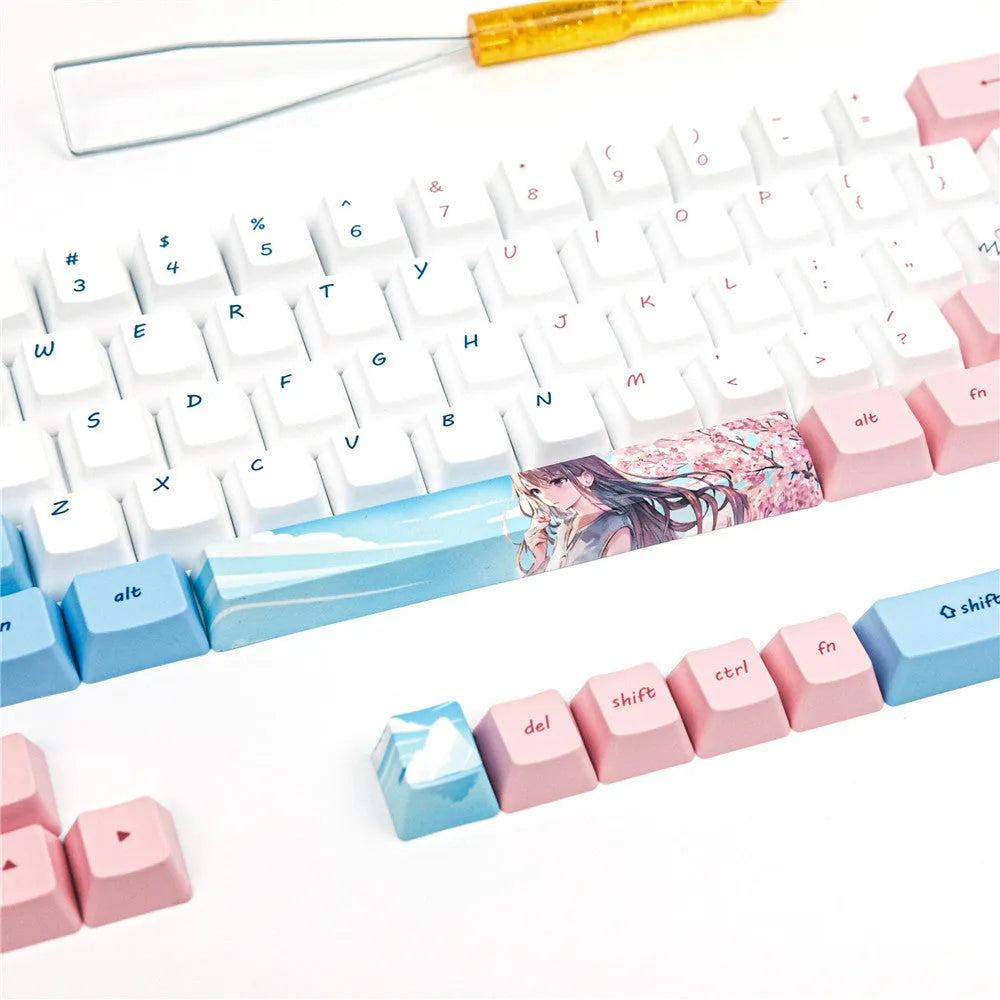 PBT sublimation keycap set with girl cherry blossom anime design for 61-key mechanical keyboards