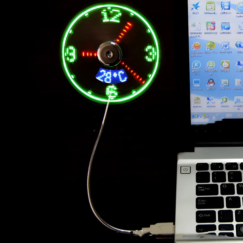Silver USB clock temperature fan with LED display and metal flexible neck on a desk