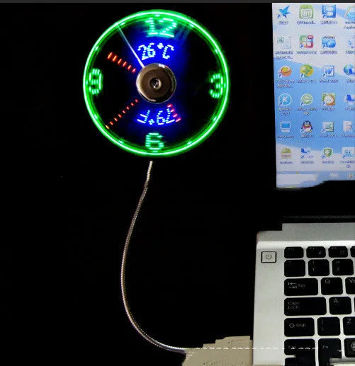 Silver USB clock temperature fan with LED display and metal flexible neck on a desk