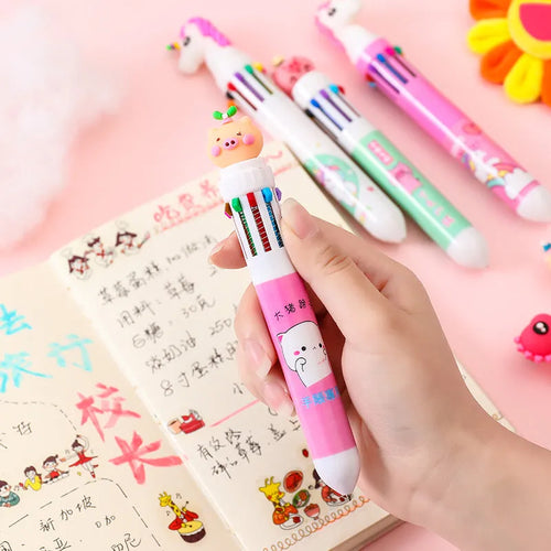 Cartoon-themed ballpoint pen showing ten colour options including red, blue, and green with a 0.5mm tip.