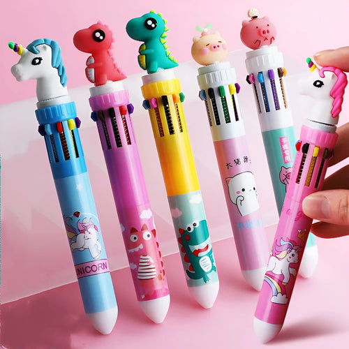 Cartoon-themed ballpoint pen showing ten colour options including red, blue, and green with a 0.5mm tip.