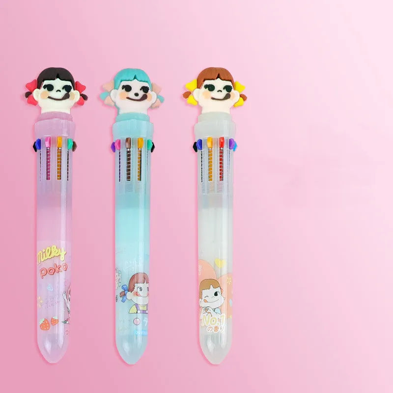 Cartoon-themed ballpoint pen showing ten colour options including red, blue, and green with a 0.5mm tip.