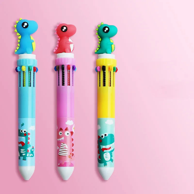 Cartoon-themed ballpoint pen showing ten colour options including red, blue, and green with a 0.5mm tip.