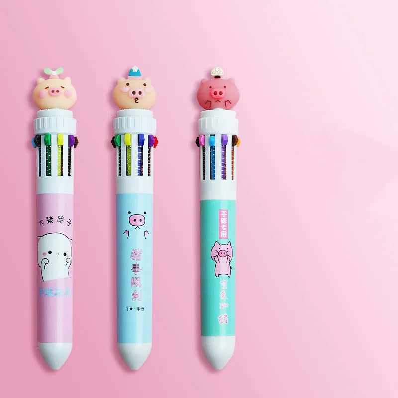 Cartoon-themed ballpoint pen showing ten colour options including red, blue, and green with a 0.5mm tip.