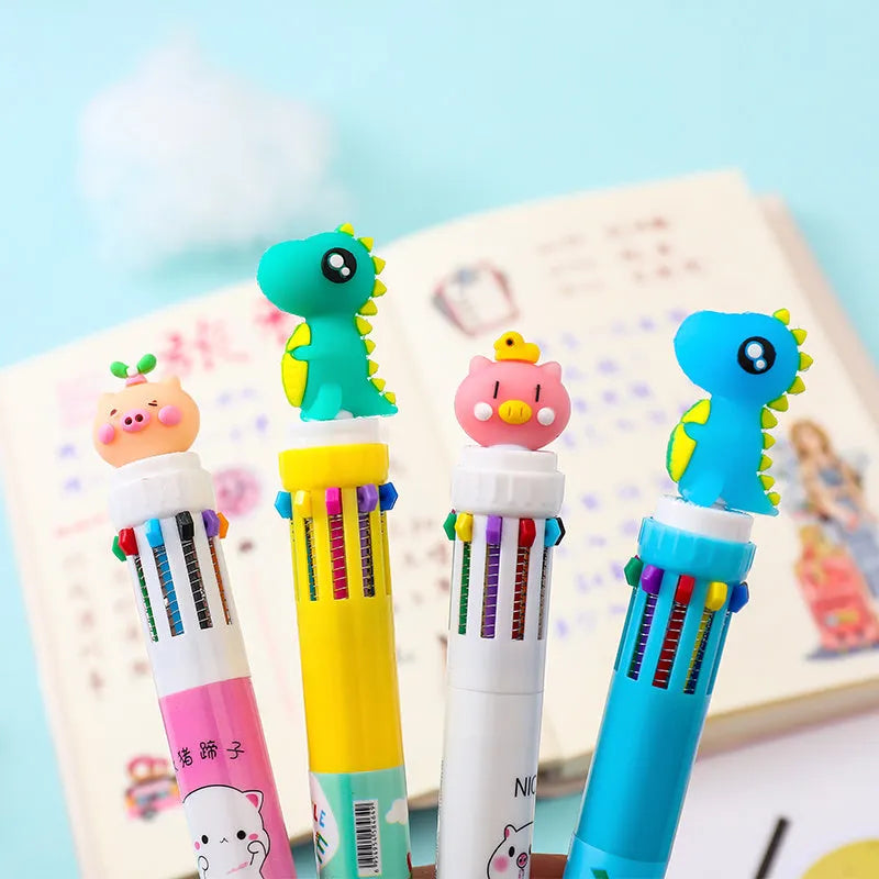 Cartoon-themed ballpoint pen showing ten colour options including red, blue, and green with a 0.5mm tip.