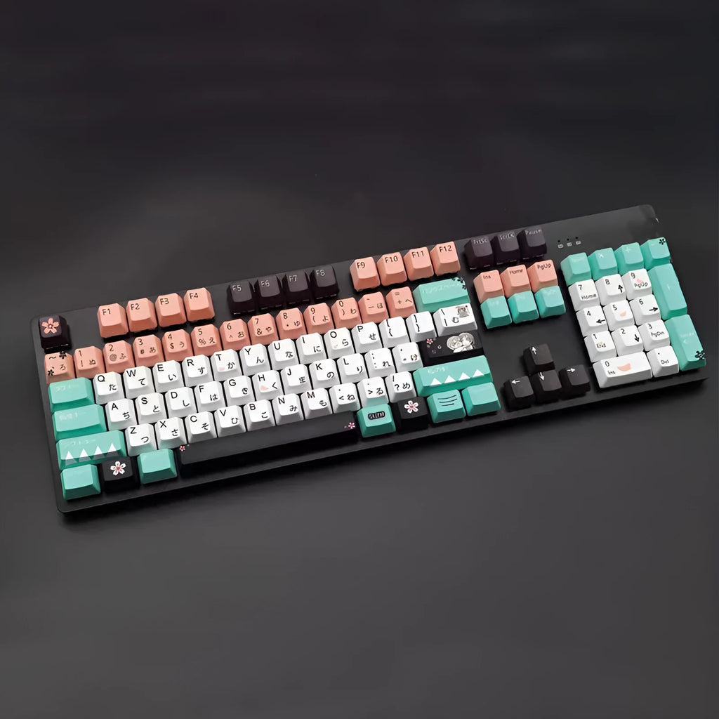 Set of green replacement keycaps for a Cherry mechanical keyboard with wireless USB receiver.