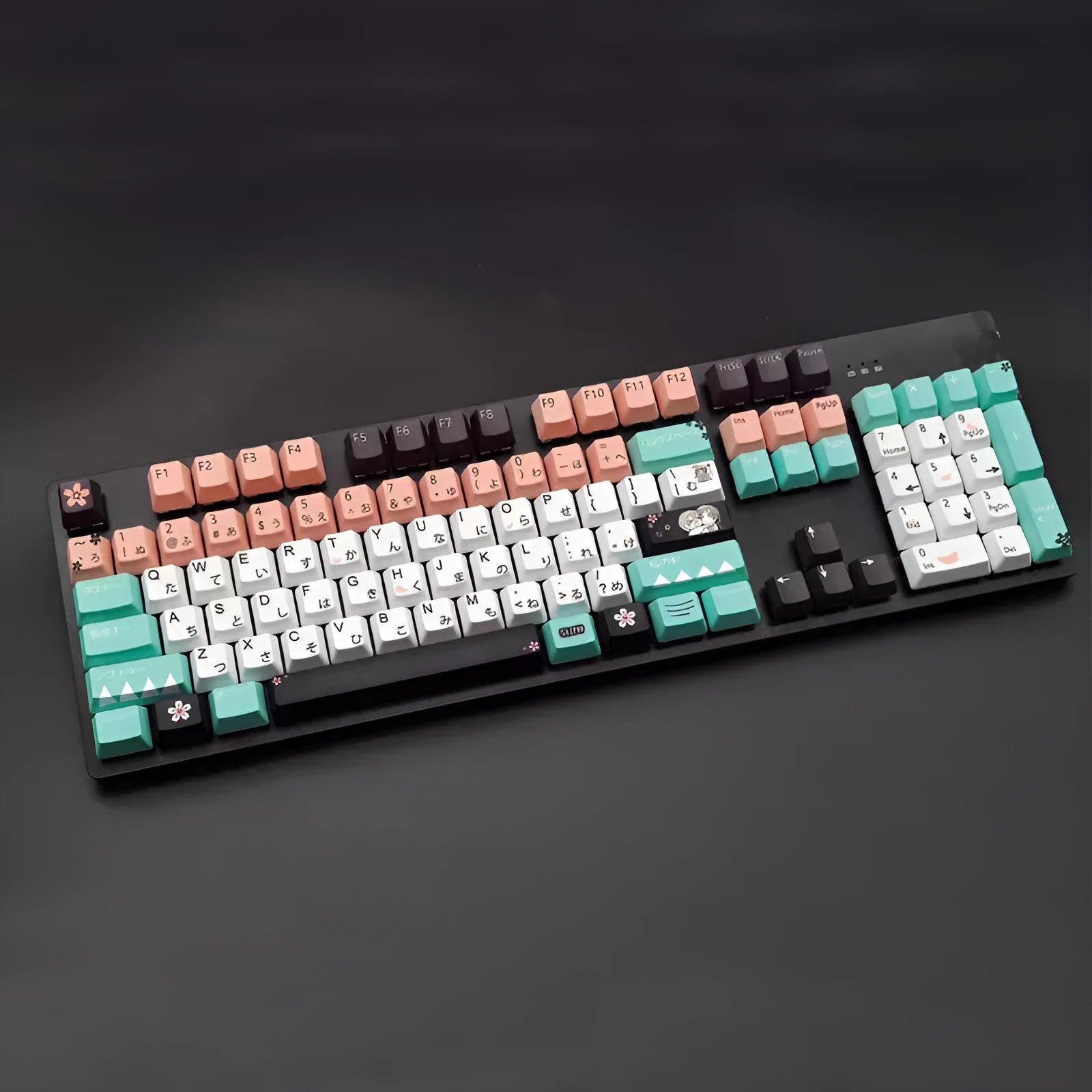 Set of green replacement keycaps for a Cherry mechanical keyboard with wireless USB receiver.