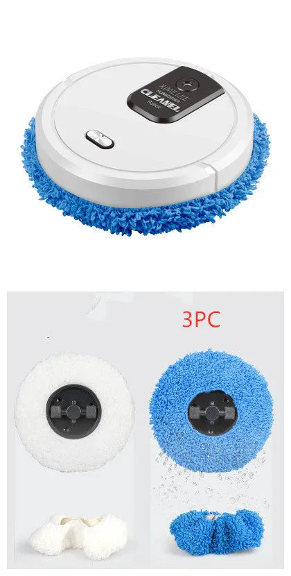 Automatic sweeping robot with wet and dry mopping cloths on a tile floor, showing slim 65mm body