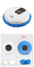 Automatic sweeping robot with wet and dry mopping cloths on a tile floor, showing slim 65mm body
