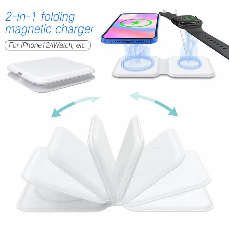 White foldable dual-pad magnetic wireless charging dock shown at an angle on a table.