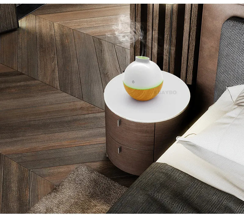 Wood grain home office desk mute humidifier with USB cable and LED night light in Light wood colour