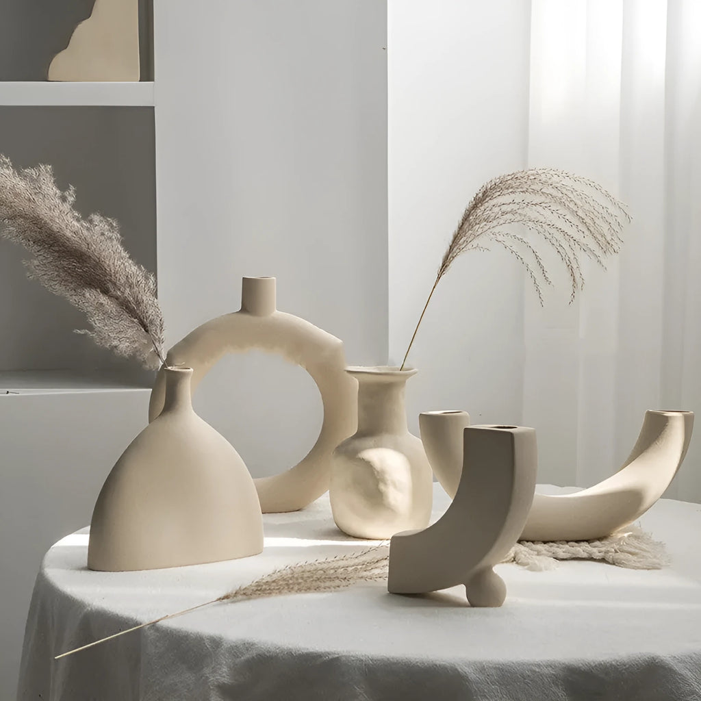Matte ceramic dry flower vase with textured unglazed surface in Nordic design style