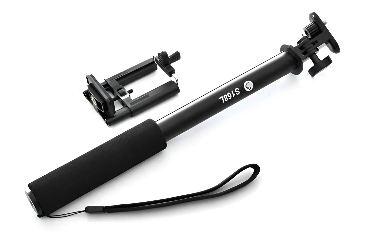 Black aluminium alloy selfie stick extended to full length with phone attached, showing tripod foot base.