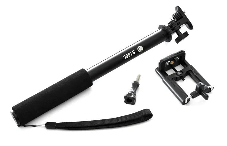 Black aluminium alloy selfie stick extended to full length with phone attached, showing tripod foot base.