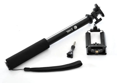 Black aluminium alloy selfie stick extended to full length with phone attached, showing tripod foot base.
