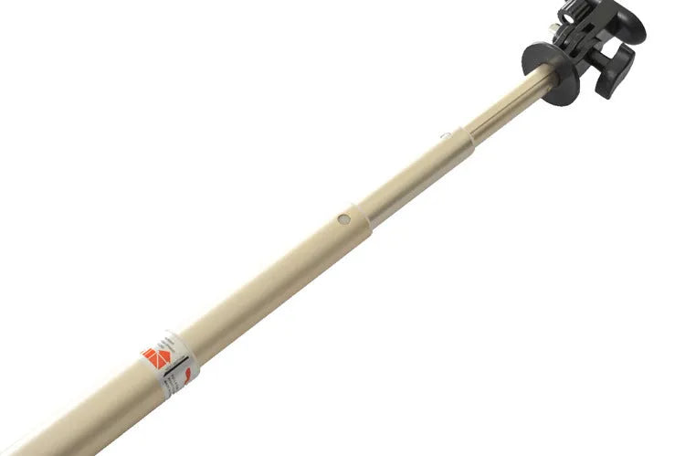Black aluminium alloy selfie stick extended to full length with phone attached, showing tripod foot base.
