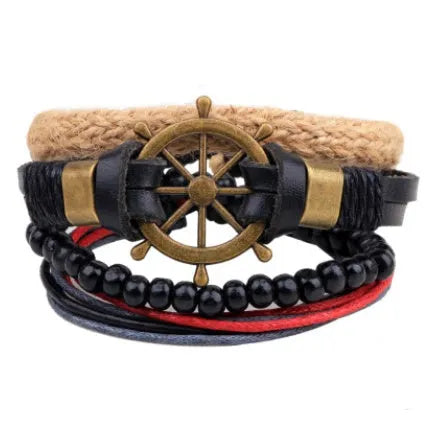 Handmade adjustable leather wrap bracelet with wooden beads on a wrist.