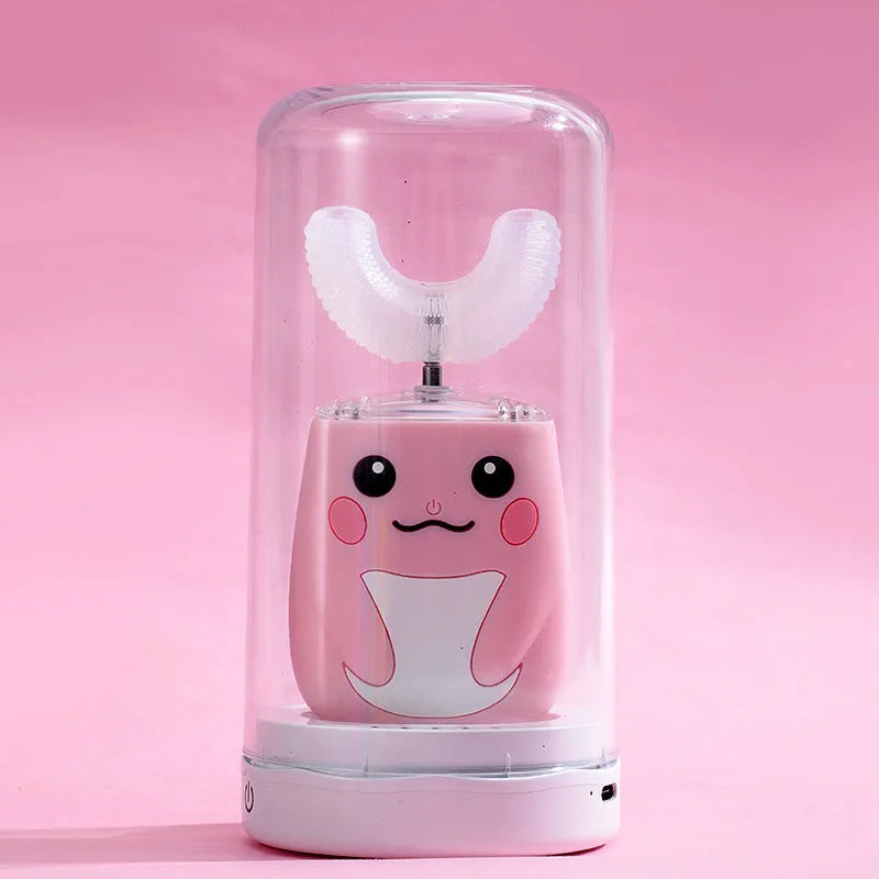 U type electric toothbrush with food-grade silica gel head in pink for children aged 2-7 years