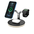 Black and white 15W magnetic wireless fast charger showing three-in-one functionality