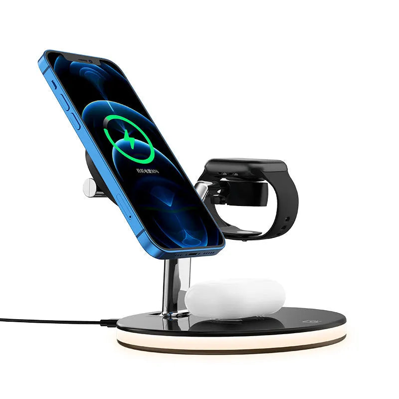 Black and white 15W magnetic wireless fast charger showing three-in-one functionality