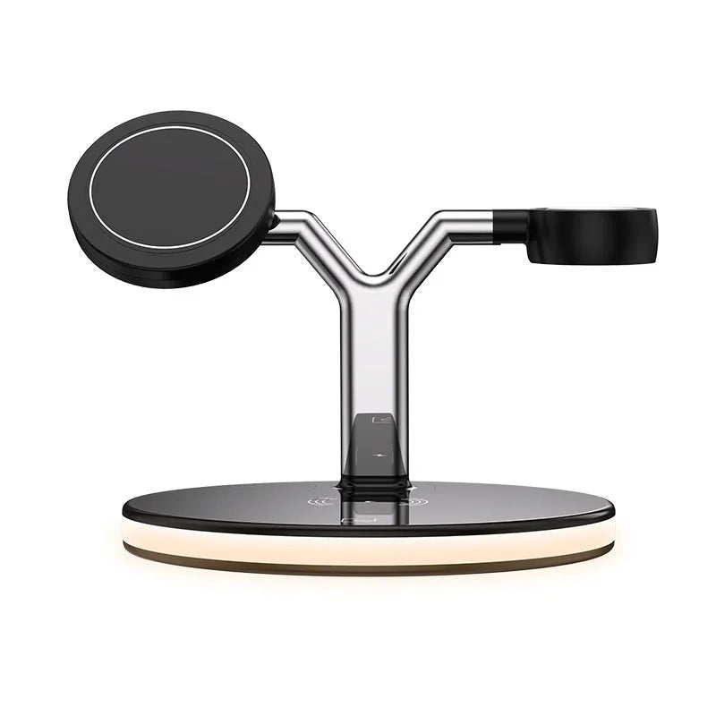 Black and white 15W magnetic wireless fast charger showing three-in-one functionality