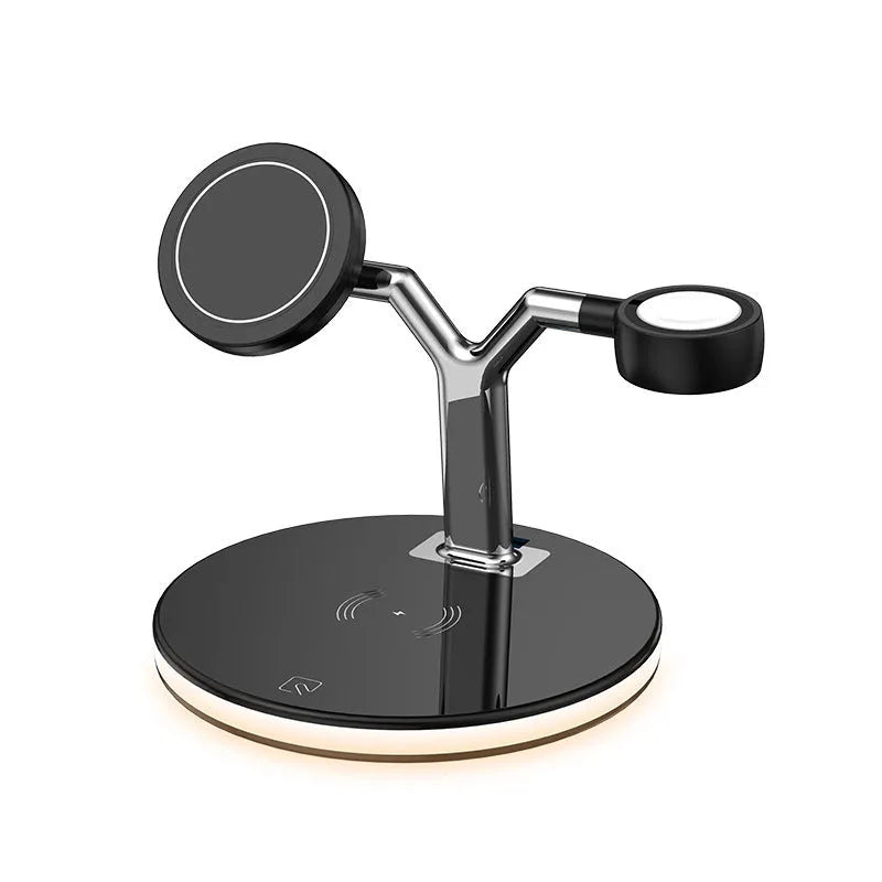 Black and white 15W magnetic wireless fast charger showing three-in-one functionality