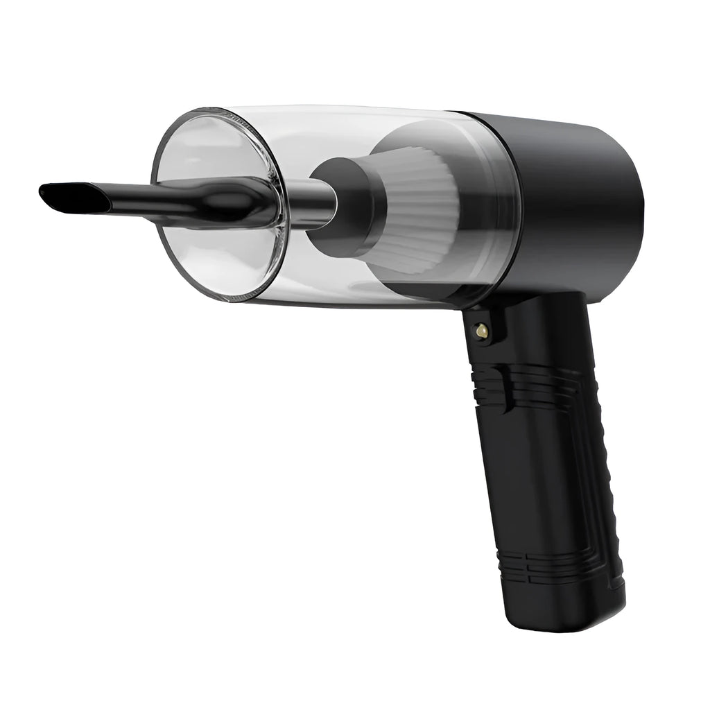 Starry Sky Black and Pearl White dual-purpose car vacuum cleaner with attachments and long power cable.