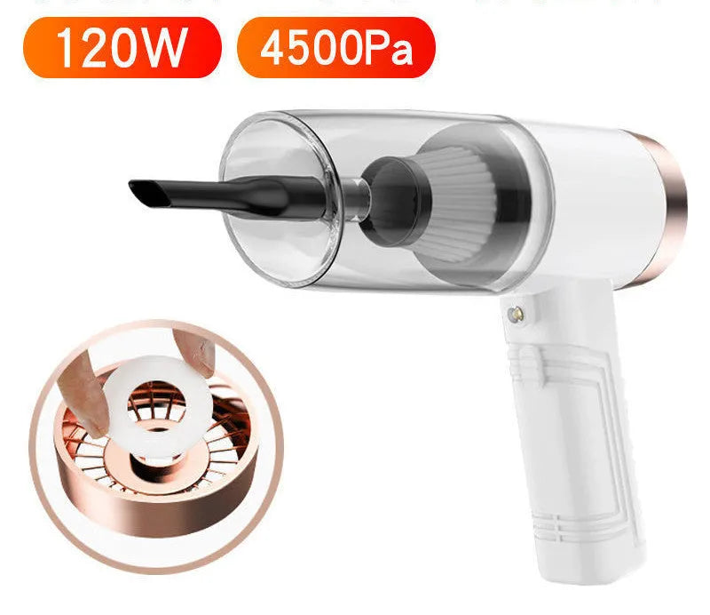Starry Sky Black and Pearl White dual-purpose car vacuum cleaner with attachments and long power cable.